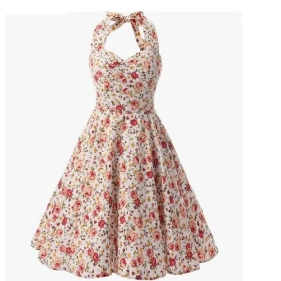 Women's Dress Retro Vintage Swing 1950's Short Sleeve Halter white floral - Picture 1 of 6